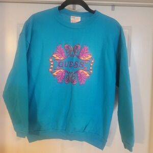Vintage 90s Guess Knitwear Crewneck Turquoise Sweatshirt Made in USA One Size
